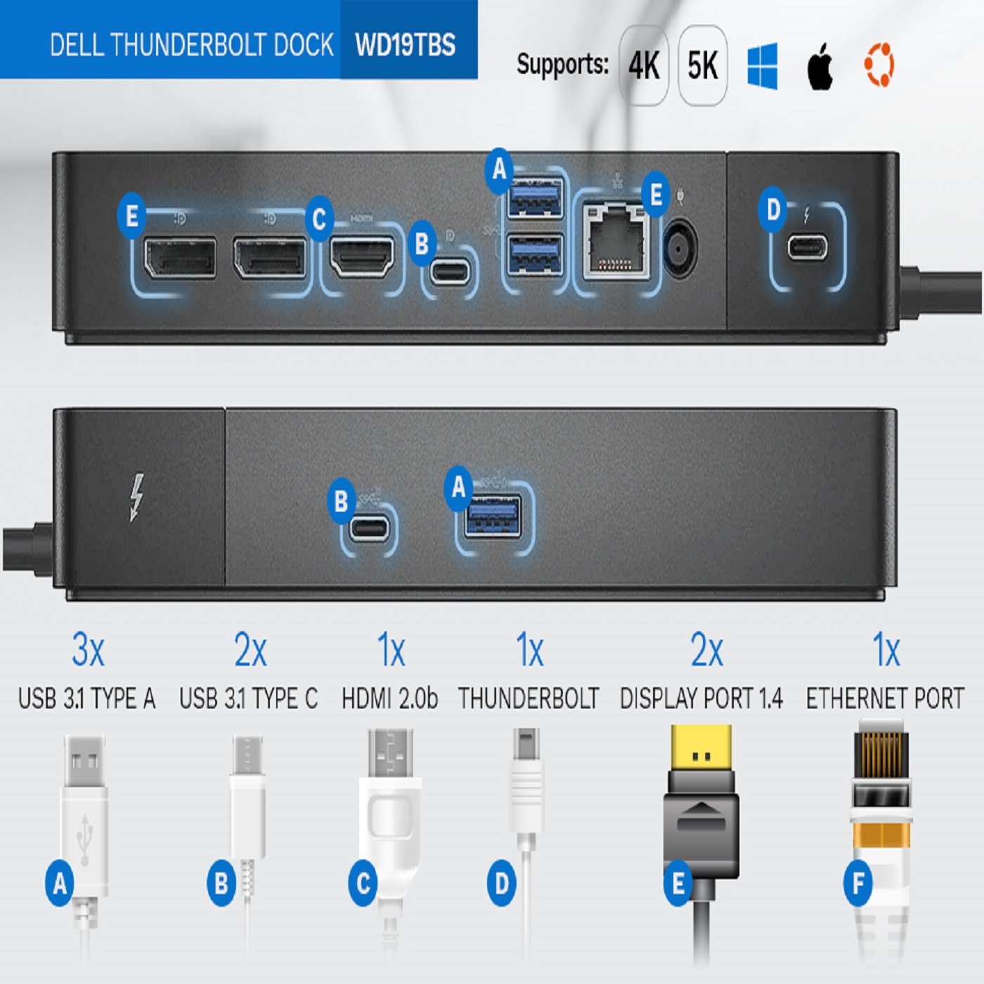 Dell WD19TBS Thunderbolt Docking Station 180W – Premium High-Performance Laptop Dock 9 WD19TBS ports